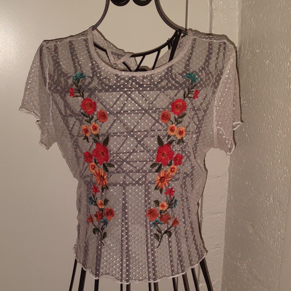 Sheer Floral Embroidered Pindot Top